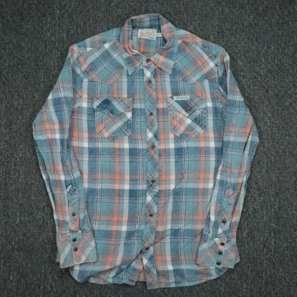 True Religion Shirt Mens Medium Blue Plaid Pearl Snap Western Long Sleeve Plaid
