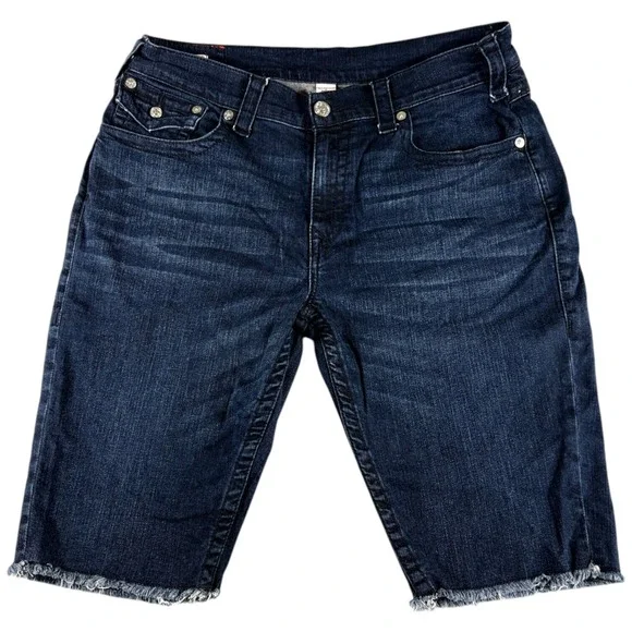 True Religion Ricky Shorts Mens 38 Blue Denim Dark Wash Raw Hem Relaxed Straight