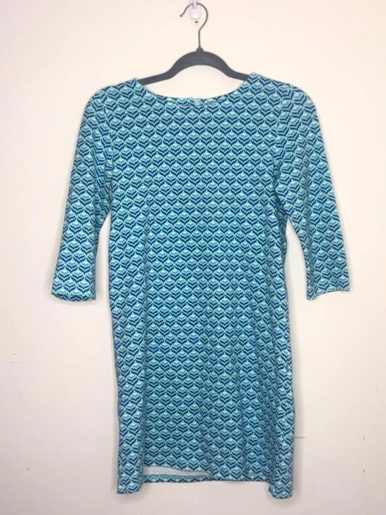 Vineyard Vines Girls Large 14 Shift Dress Blue Whale Tail Print 3/4 Sleeve