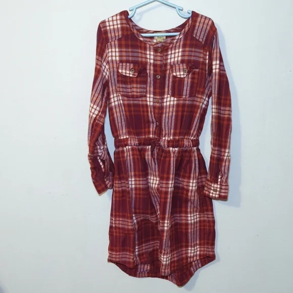 True Craft Red Plaid Flannel Dress Long Sleeve Drawstring Waist Girls Size M