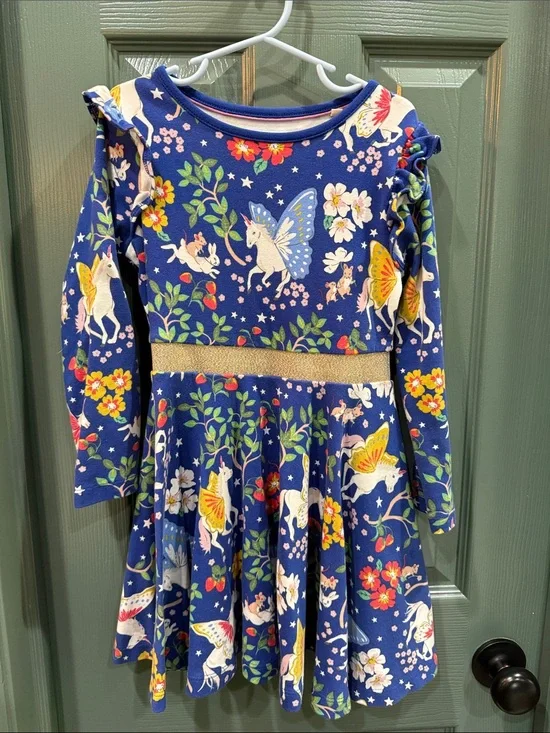 Mini Boden Navy Unicorn & Floral Long-Sleeve Dress with Gold Waistband