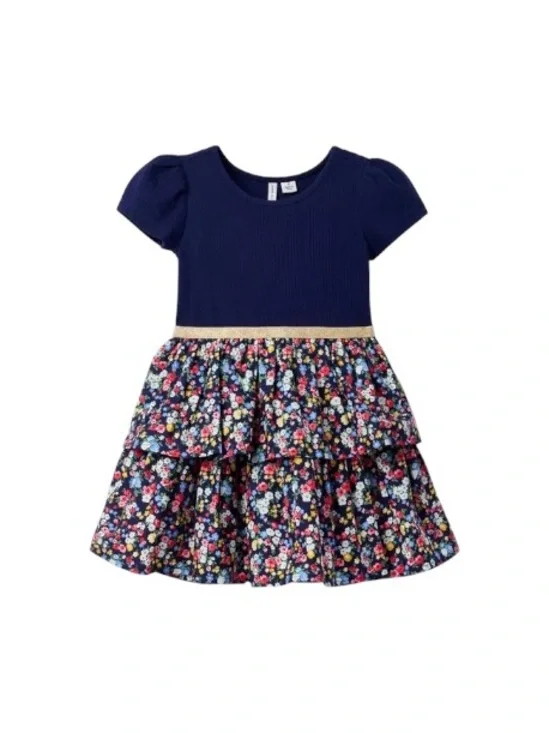 Janie and Jack Girls Ditsy Floral Short Sleeve Tiered Cotton Dress 5 Navy Blue