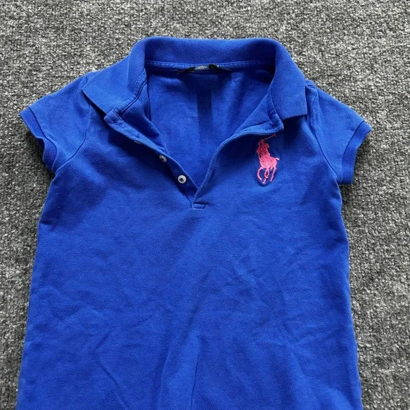 Polo Ralph Lauren Dress Girls Size 6 Blue Pink Pony Ruffle Hem Short Sleeve