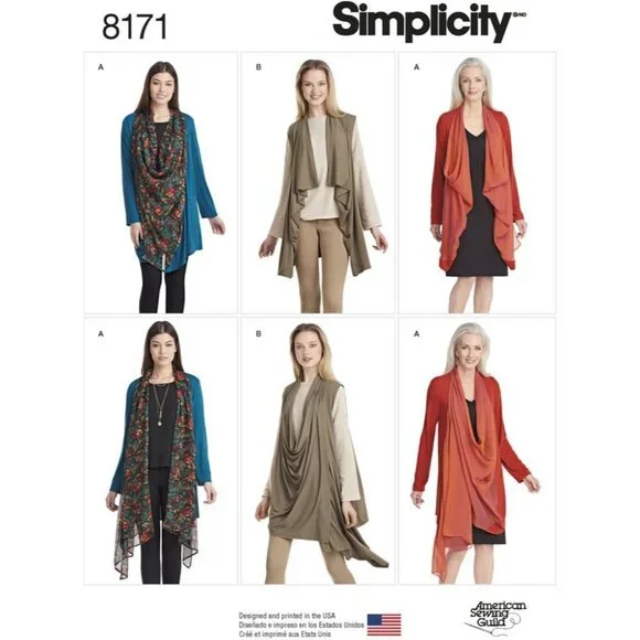 Misses Knit Cardigan Vest Pattern Draped Front Collar Simplicity‎ 8171 XXS-XXL
