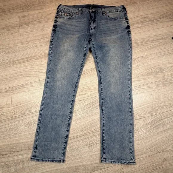 True Religion Rocco Relaxed Skinny Jeans Medium Blue Flap Pocket Mens 38 107202