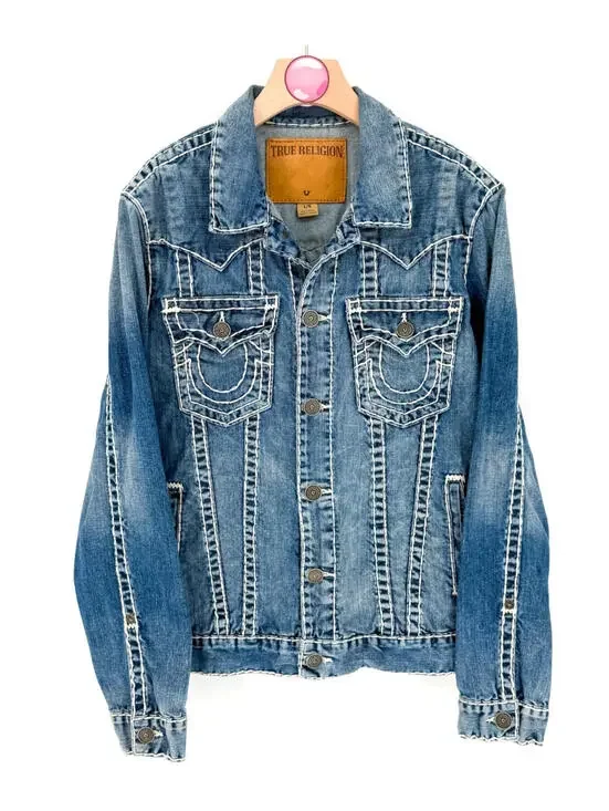 True‎ Religion Jimmy Super T Denim Jacket Med Wash Vintage Y2K Streetwear Mens L