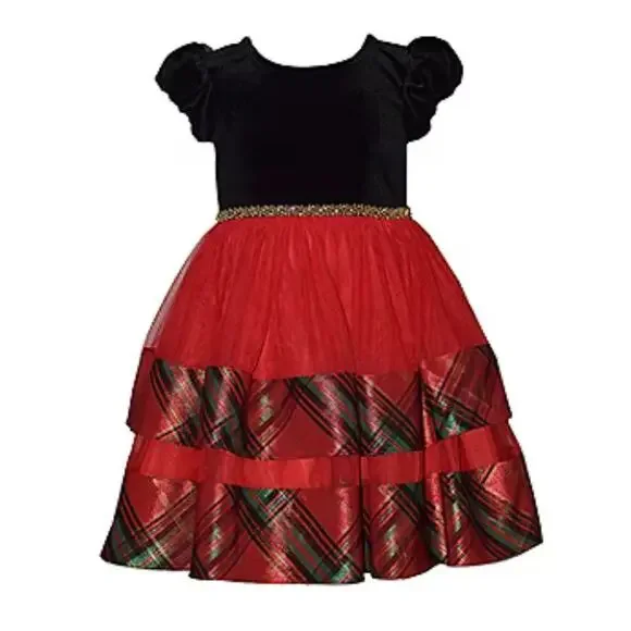 Bonnie Jean Red Velvet & Plaid Tiered Holiday Dress Girls New Christmas Size 6