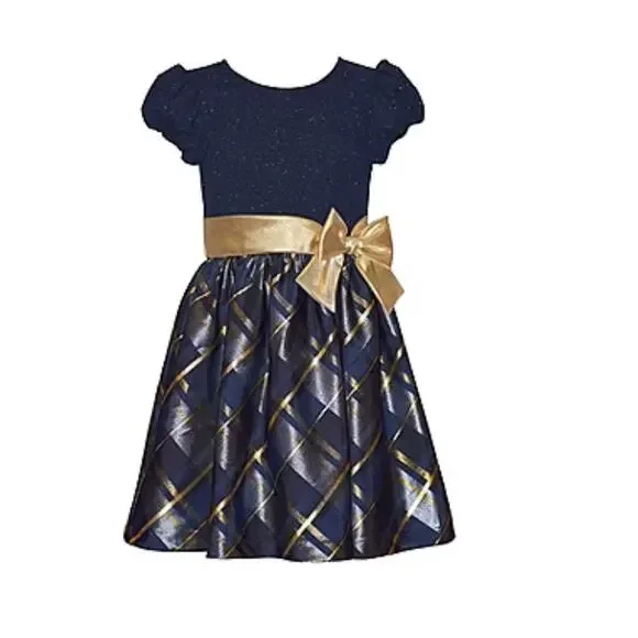 Bonnie Jean Big Kid Girls Short Sleeve Fit+Flare Dress Blue & Gold Size 12