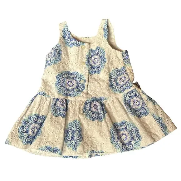 Janie & Jack Boardwalk Summer White and Blue Eyelet Bow Dress 6-12 Months