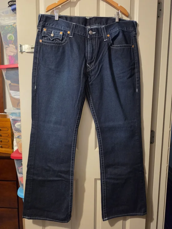 True Religion Men’s Dark Blue Bootcut Jeans with Contrast Stitching