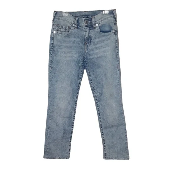True Religion Geno Mens 31 Jeans Relaxed Slim Acid Wash Blue w/Red‎ Embroidered