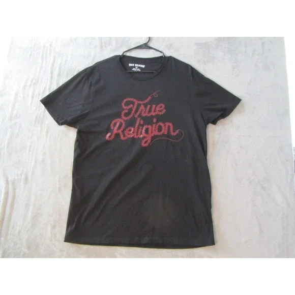 True Religion T-Shirt Mens XL Black Red Baseball Stitch Graphic Logo Tee