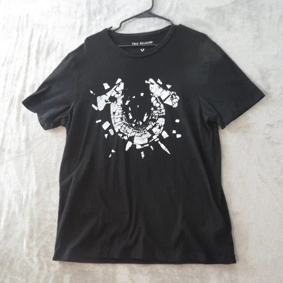 True Religion T Shirt Mens Large Black Shattered Horseshoe Graphic Cotton