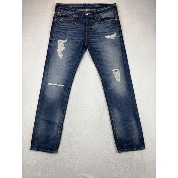 True Religion Men's 36x36 Jeans Dark Skinny Washed Distressed Denim