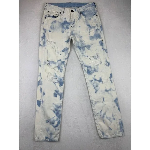 True Religion Mens 34x34 Jeans Skinny Distressed Cloudy Sky Blue Acid Wash Denim