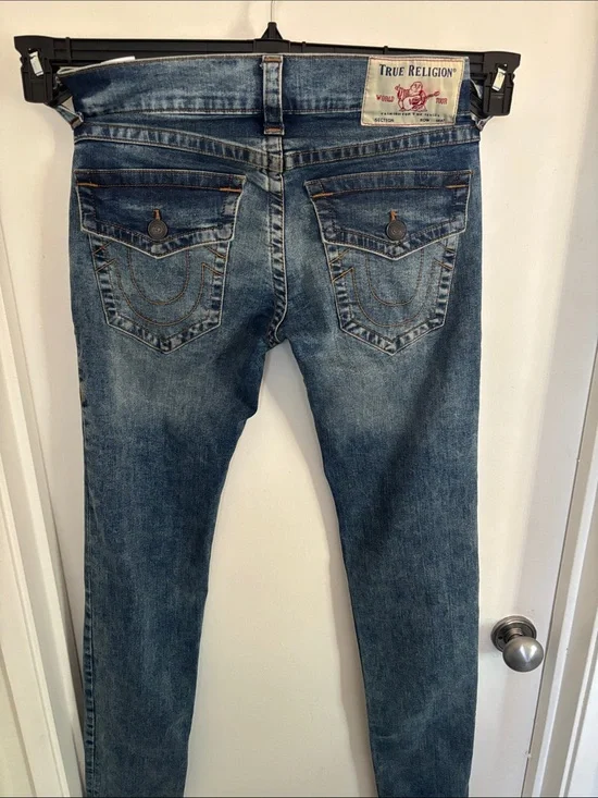 True Religion Men's Washed Blue Skinny Jeans with Signature Back Pockets
