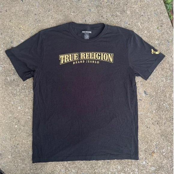 True Religion Mens T-Shirt 2XL Black Gold Logo Graphic Short Sleeve Cotton Tee