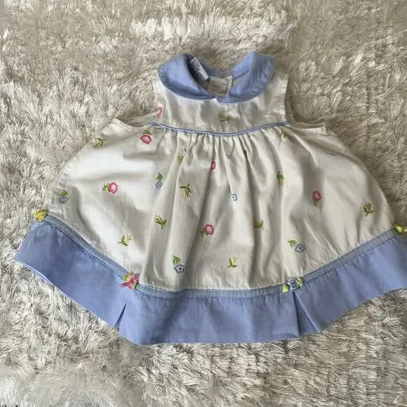 90s Samara Easter Floral Dress Blue Collar and Hem Roses 18 mo