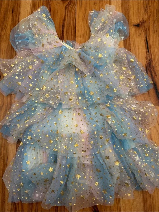 Ruffled Tulle Dress with Gold Star Overlay - Blue & Pink