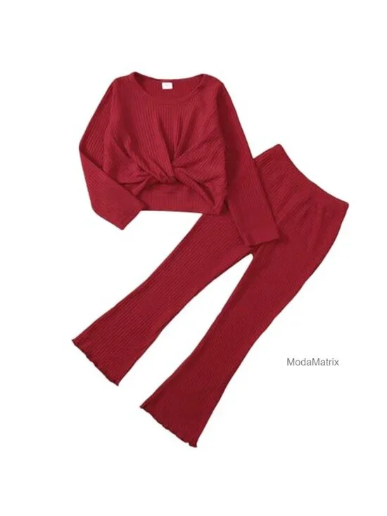 Girls 2-Piece Twist Front Top & Bell Bottom Pants Set - Fall Outfit 5-14Y