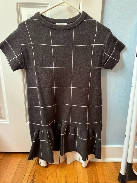 Zara Black and White Grid Knit Ruffle-Hem Dress