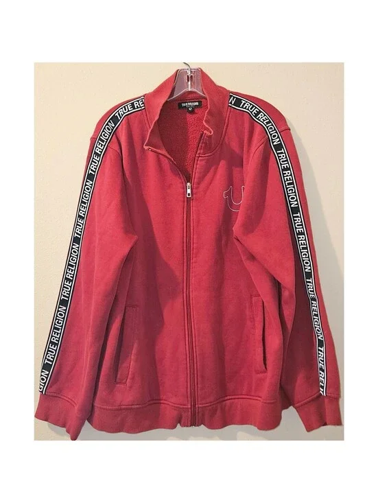 True Religion Men's XL Red Full Zip Fleece Track Jacket Logo Tape Sleeves