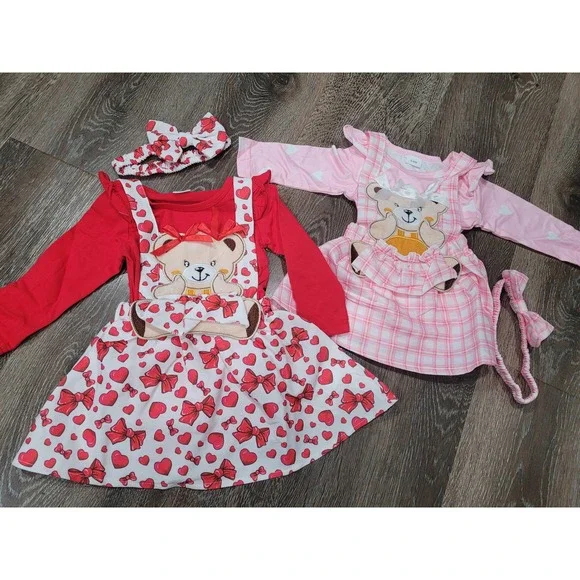 Baby Girl Teddy Bear Dress Set Hearts Baby Girls Valentine's Day‎ 12-18 & 3-6 #R
