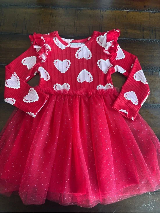 Girls' Red Heart Print Tulle Dress