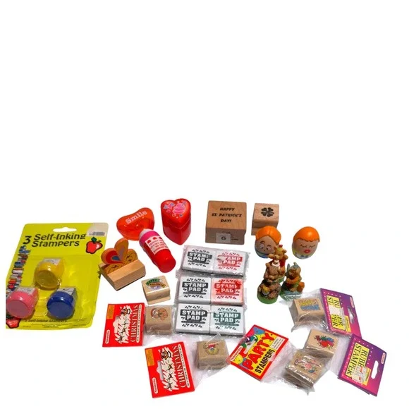 Vtg Mini‎ Stamp Lot 90s Kidcore Holiday Sports Bear Egg Head Craft Set 19 +Pads