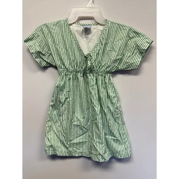 Bella Bliss Girls Green White Cotton Stripe Dress Tie Front Size 6