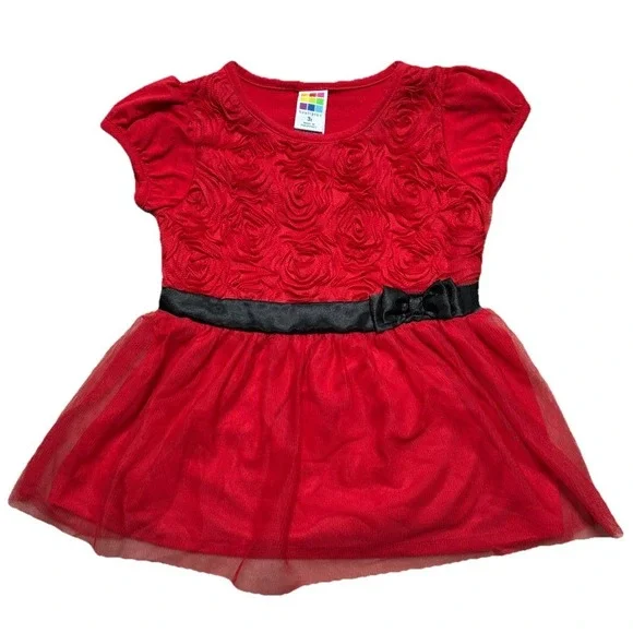 Healthtex Dress Girls 3T Red Flowers Black Bow Vintage