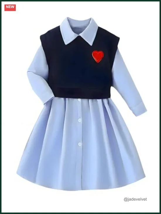 Girls 2 Piece Cotton Long Sleeve Dress Set with Vest