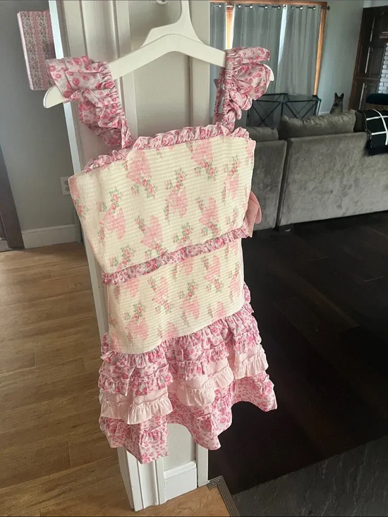 LoveShackFancy Pink Floral Ruffle Mini Dress