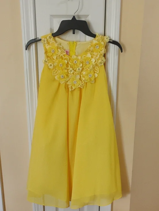 Girls' Yellow Floral Neckline Party Dress
