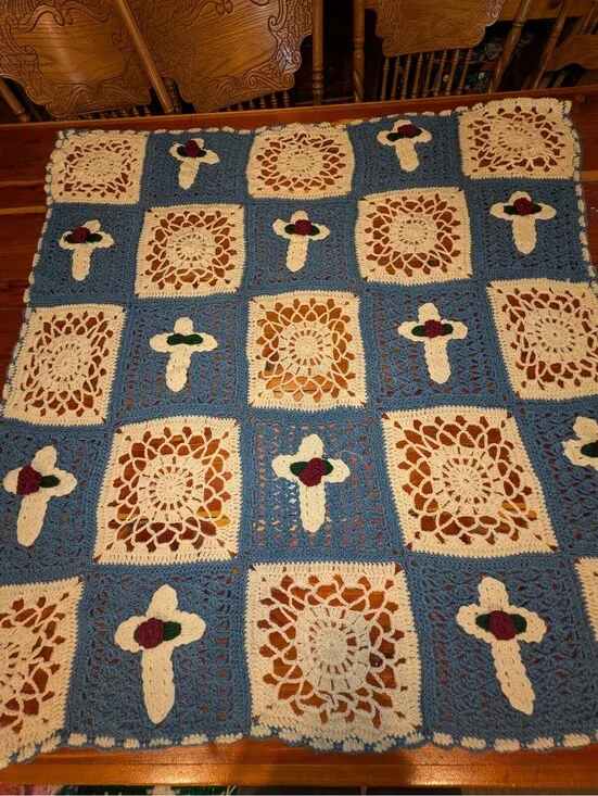 Handmade Crochet Blanket with Floral and Geometric Patterns
