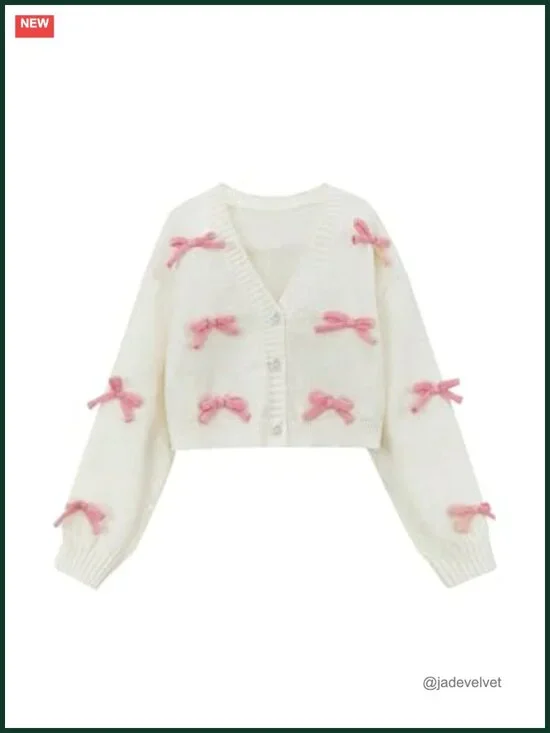 Girls Bow Cardigan Sweater Button Down V Neck Loose Soft Knit Cropped Cardigan
