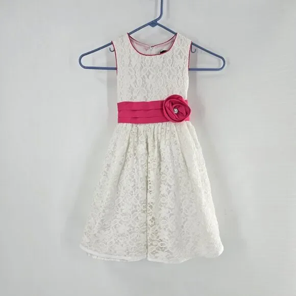 JESSICA McCLINTOCK GIRLS DRESS Size 5 WHITE Pink WEDDING FLOWER SUMMER STUNNING