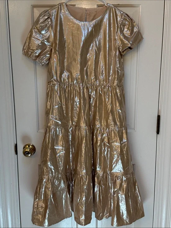 Crewcuts Shimmery Gold Tiered Puff-Sleeve Dress