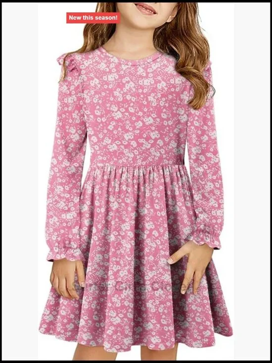 Girls Long Sleeve Ruffle Skater Dress Casual A-Line Twirly