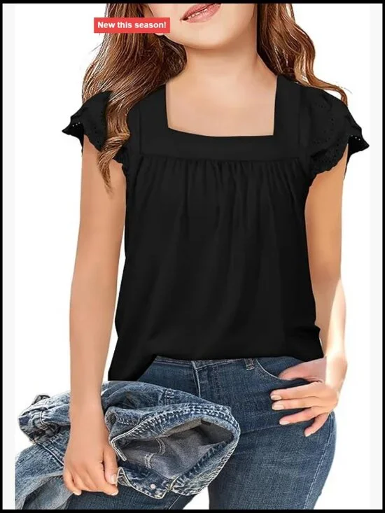 Girls Square Neck Short Sleeve Lace Pleated Blouse Tunic