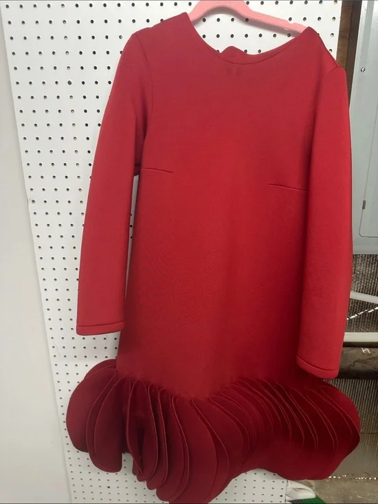 Girls Red Layered Hem Long Sleeve Formal Dress