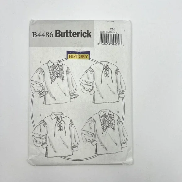 Vintage Butterick Pirate Poet Shirt Sewing Pattern Adult S-L Renaissance B4486