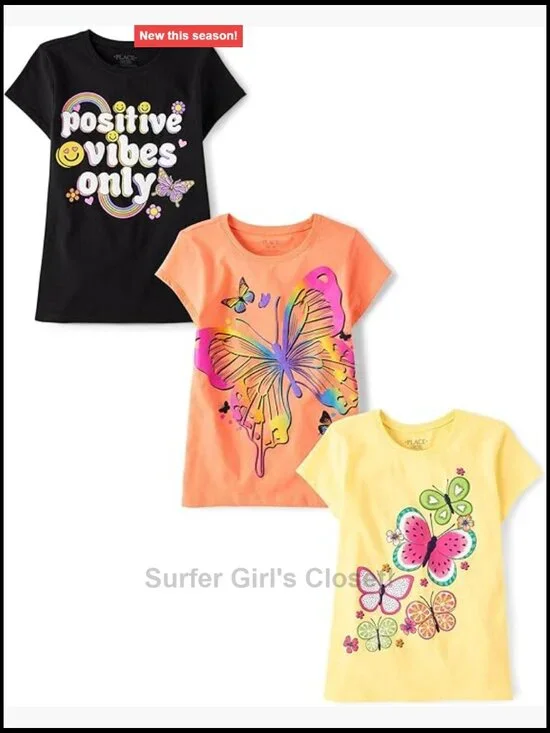 Girls' 3 Pack Short Sleeve Graphic Tees - Butterfly & Unicorn