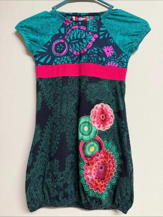 Desigual Girls Teal, Pink & Navy Floral Graphic Abstract Print Dress Size 7/8