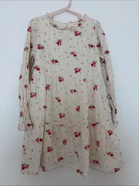 Cat & Jack Cream Floral Tiered Long-Sleeve Dress with Red Rose Print