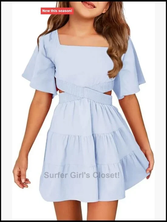 Square Neck Short Sleeve Crossover Waist A-line Mini Dress