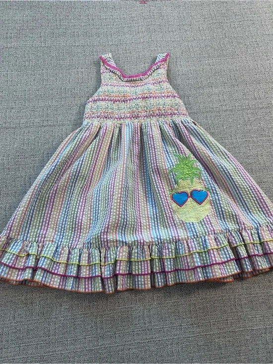 Goodlad Girls Multicolor Striped Pineapple Seersucker Smocked Sundress. Size 5