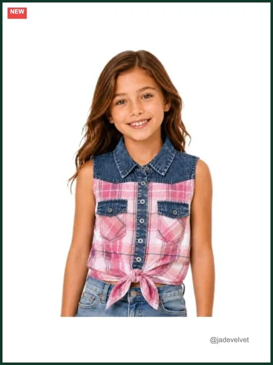 Girls Cowgirl Plaid Sleeveless Button Down Crop Tank Top