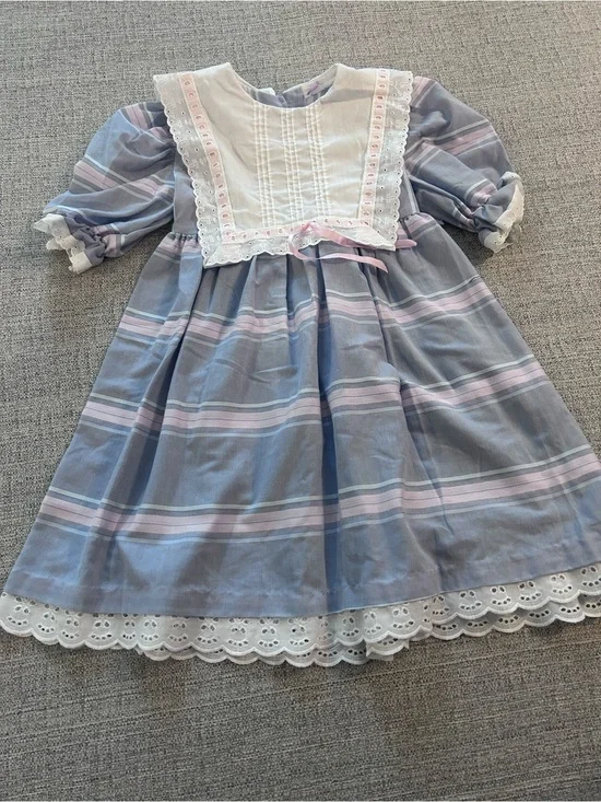 Blue and Pink Striped Girls Dress with Lace Bib. Size 6-8