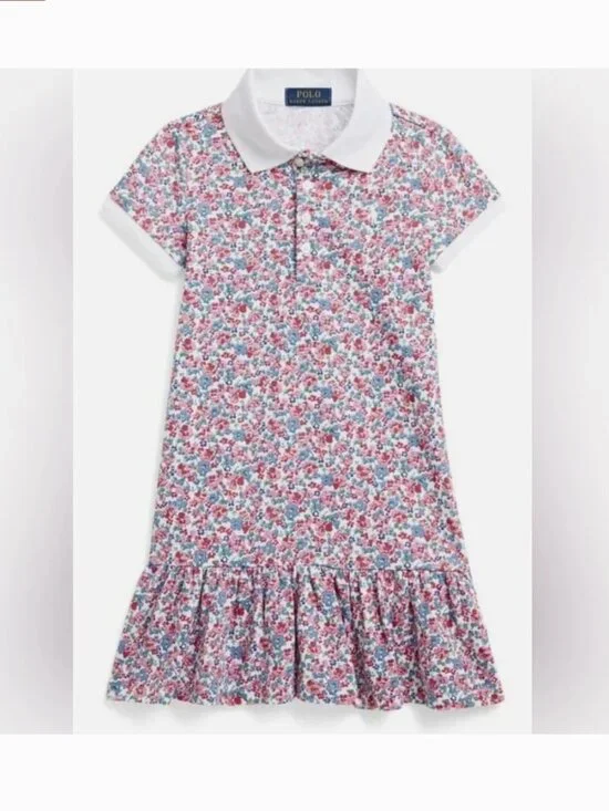 Ralph Lauren Floral Short Sleeve Drop Waist Cotton Mesh Polo Ruffle Dress Girl 5